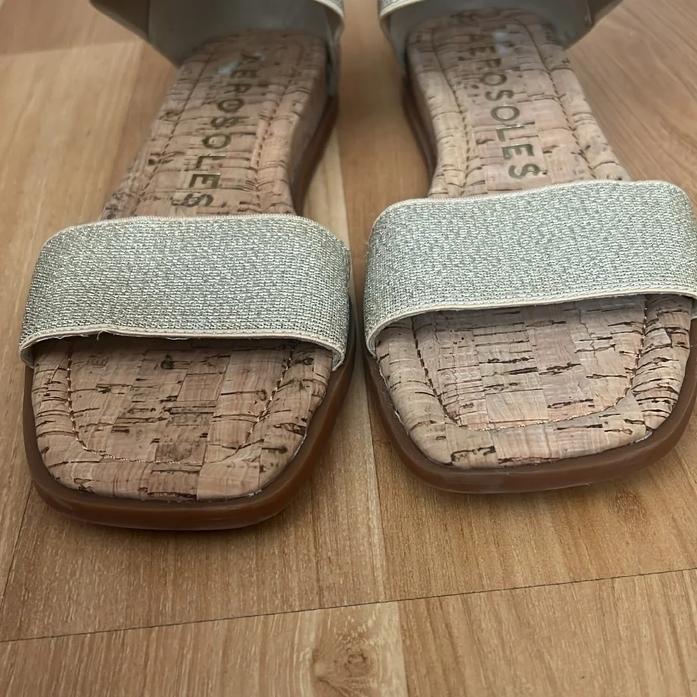 Aerosoles Gold & Silver Glitter Elastic Ankle Strap Cork Flat Sandals Womens 9M